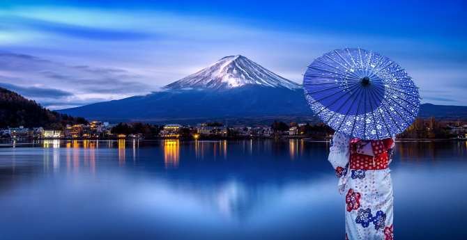 Asian woman wearing japanese traditional kimono at Fuji mountain, Kawaguchiko lake in Japan